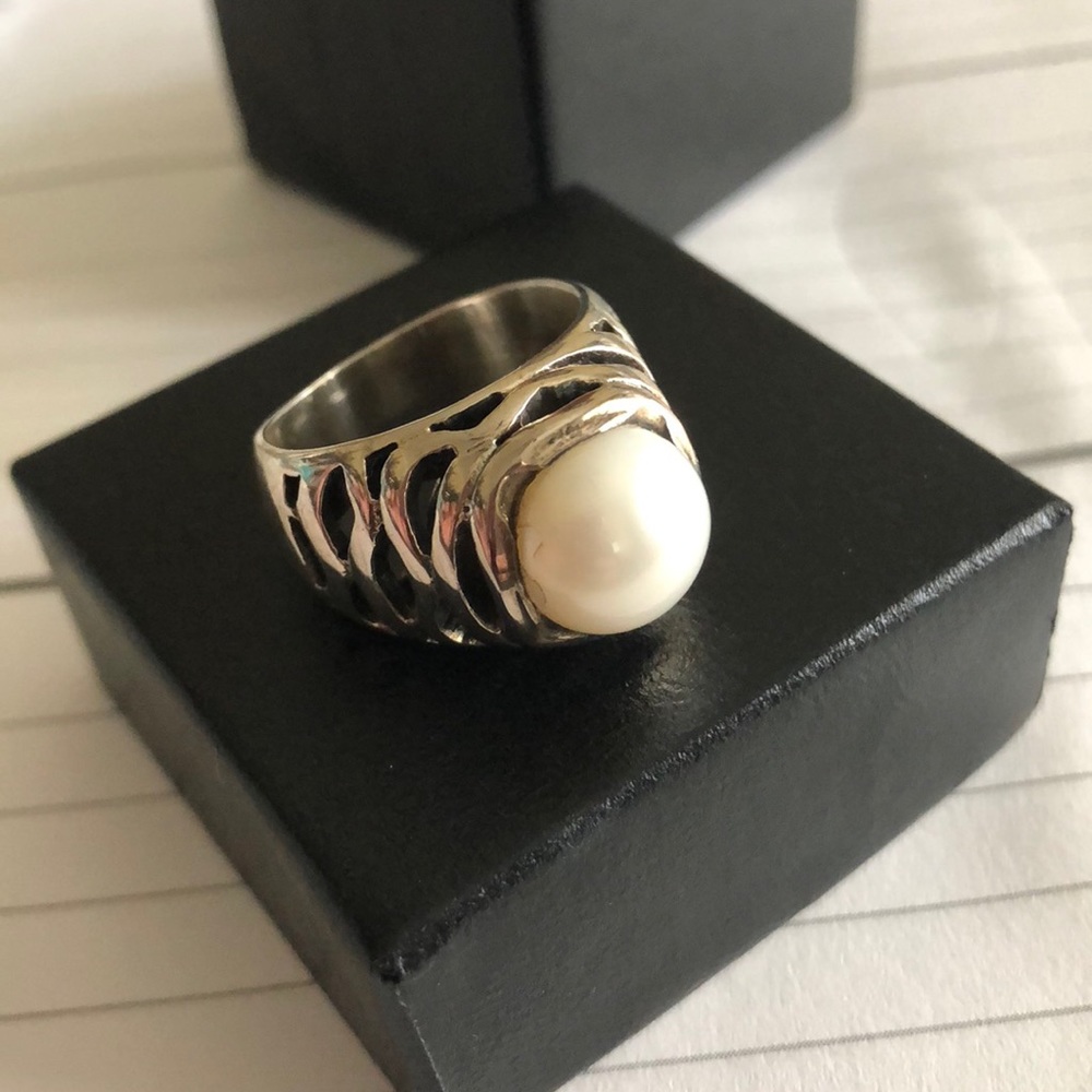 Sterling Silver Wide Band Pearl Ring